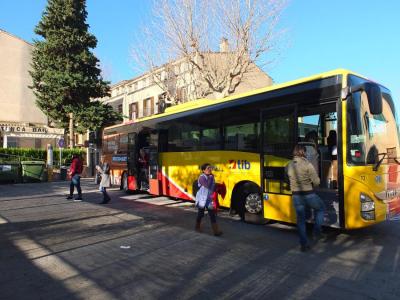 Un servei de bus aturat a la parada del carrer de Cetre.